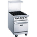 Dukers DCR24-4B 24 inch stainless steel gas range with four open burners, backguard and overshelf