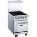 Dukers DCR24-4B 24 inch stainless steel gas range with four open burners, backguard and overshelf