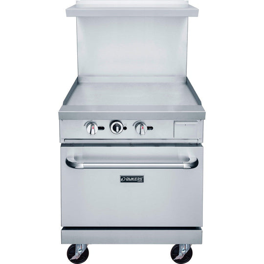 DCR24-GM front view showing griddle plate, grease trough and oven door