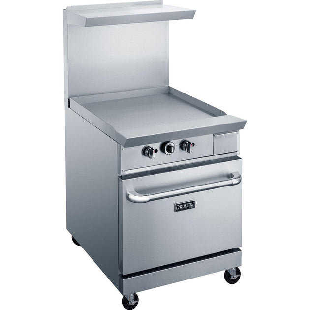 Dukers DCR24-GM 24 inch stainless steel gas range with full width griddle top, backguard and overshelf