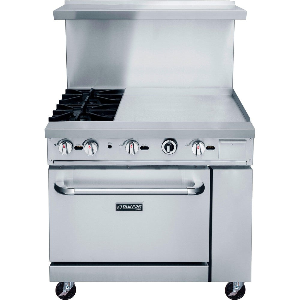 DCR36-2B24GM front view showing two cast iron grates beside the griddle plate and the oven door