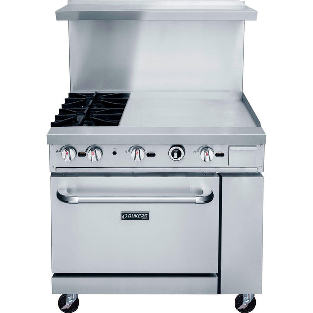 DCR36-2B24GM front view showing two cast iron grates beside the griddle plate and the oven door