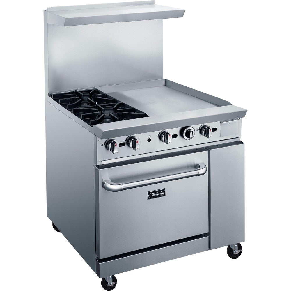 Dukers DCR36-2B24GM 36 inch stainless steel gas range with two open burners and a 24 inch griddle