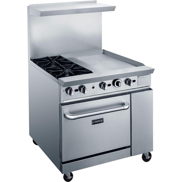 Dukers DCR36-2B24GM 36 inch stainless steel gas range with two open burners and a 24 inch griddle