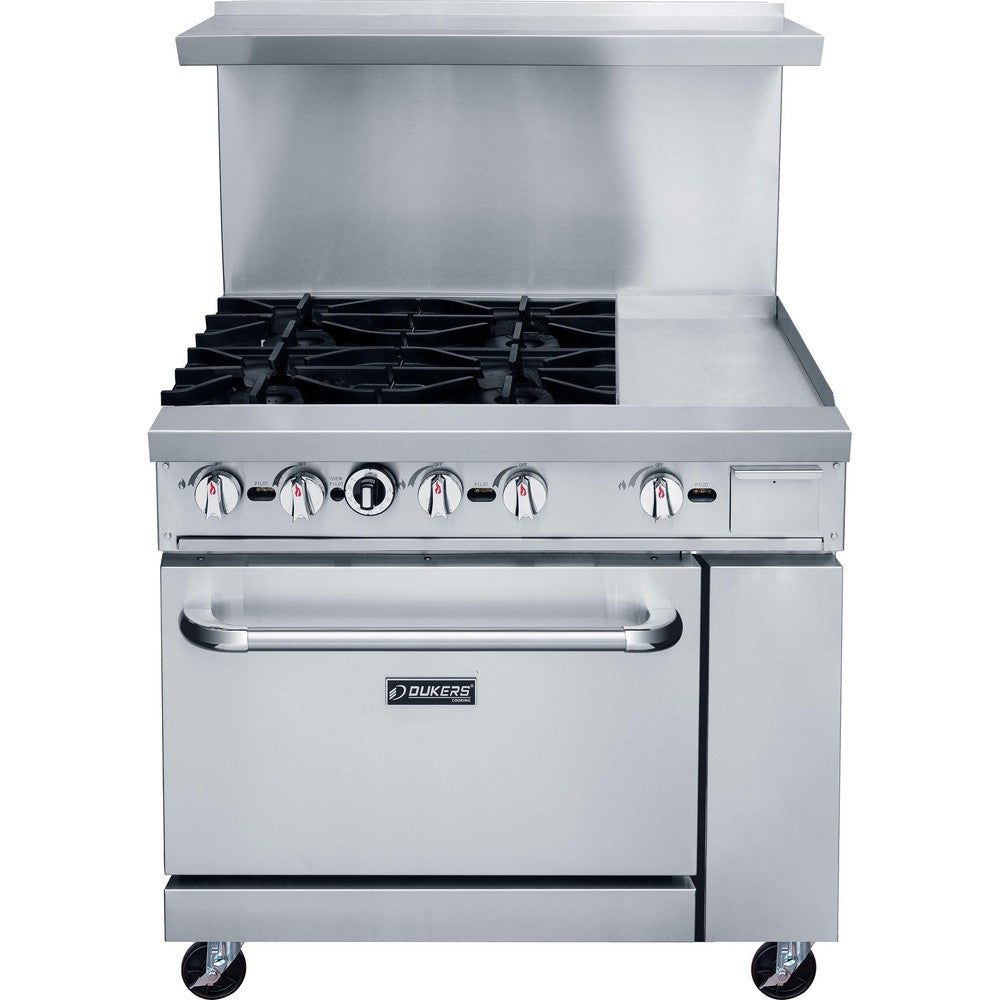 DCR36-4B12GM front view showing four cast iron grates beside the 12 inch griddle plate and the oven door