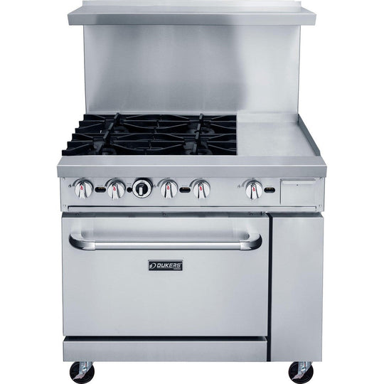 DCR36-4B12GM front view showing four cast iron grates beside the 12 inch griddle plate and the oven door