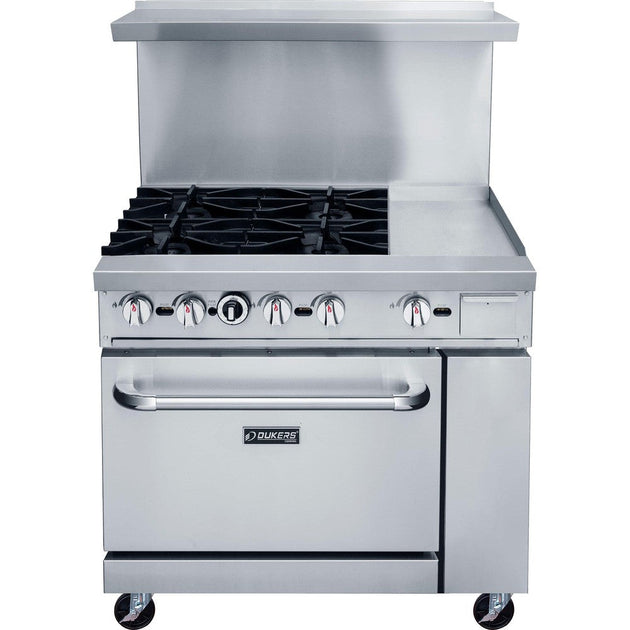 DCR36-4B12GM front view showing four cast iron grates beside the 12 inch griddle plate and the oven door
