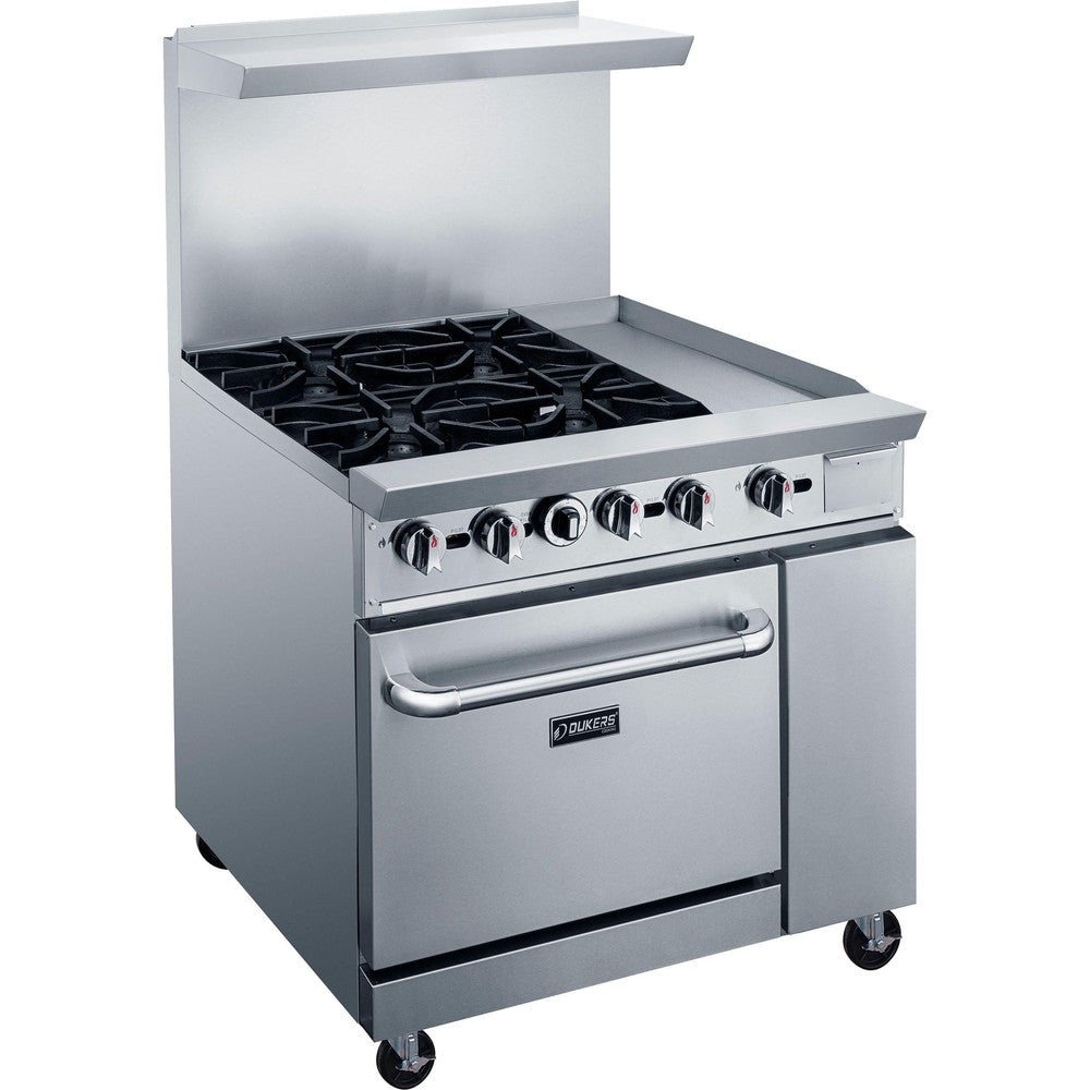 Dukers DCR36-4B12GM 36 inch stainless steel gas range with four open burners and a 12 inch griddle