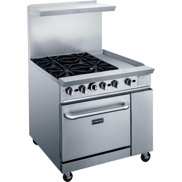 Dukers DCR36-4B12GM 36 inch stainless steel gas range with four open burners and a 12 inch griddle