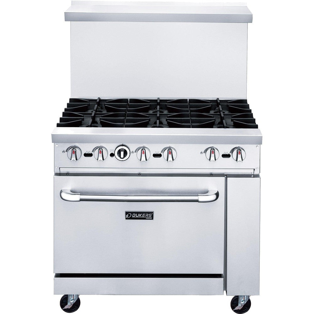 DCR36-6B front view showing six cast iron grates, control knobs and oven door