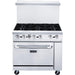 DCR36-6B front view showing six cast iron grates, control knobs and oven door