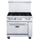 DCR36-6B front view showing six cast iron grates, control knobs and oven door