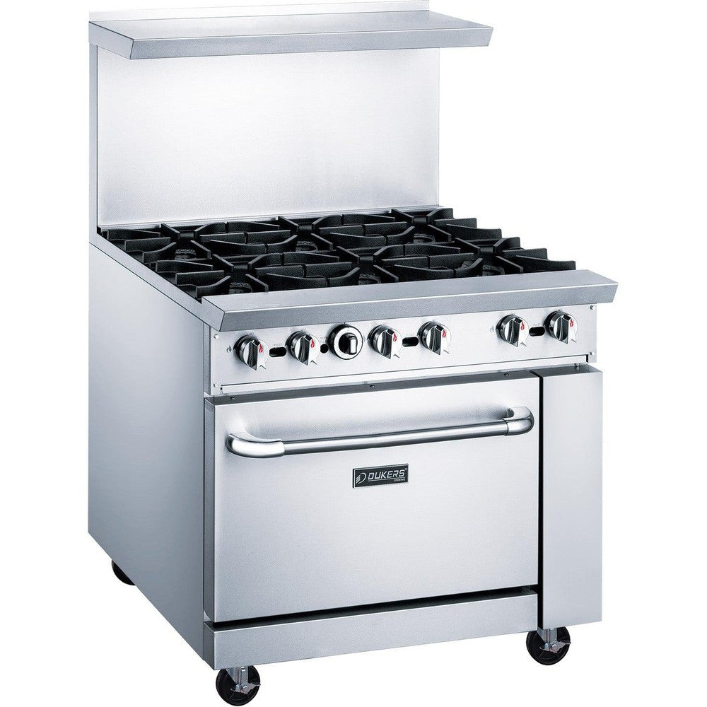 Dukers DCR36-6B 36 inch stainless steel gas range with six open burners, backguard and overshelf