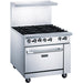 Dukers DCR36-6B 36 inch stainless steel gas range with six open burners, backguard and overshelf