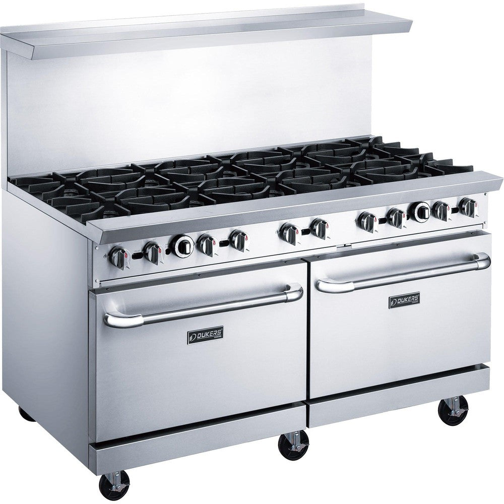Dukers DCR60-10B 60 inch stainless steel gas range with ten open burners and two ovens
