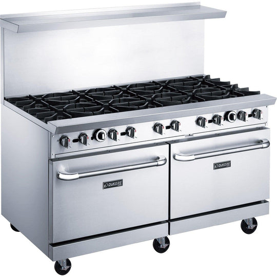Dukers DCR60-10B 60 inch stainless steel gas range with ten open burners and two ovens