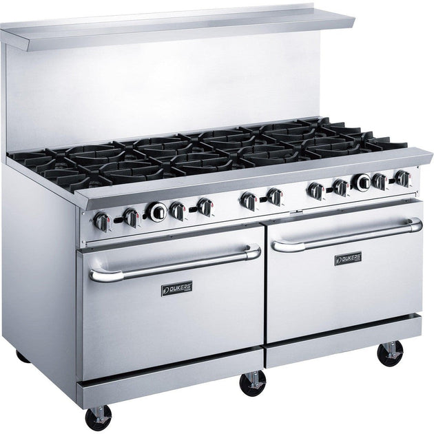 Dukers DCR60-10B 60 inch stainless steel gas range with ten open burners and two ovens