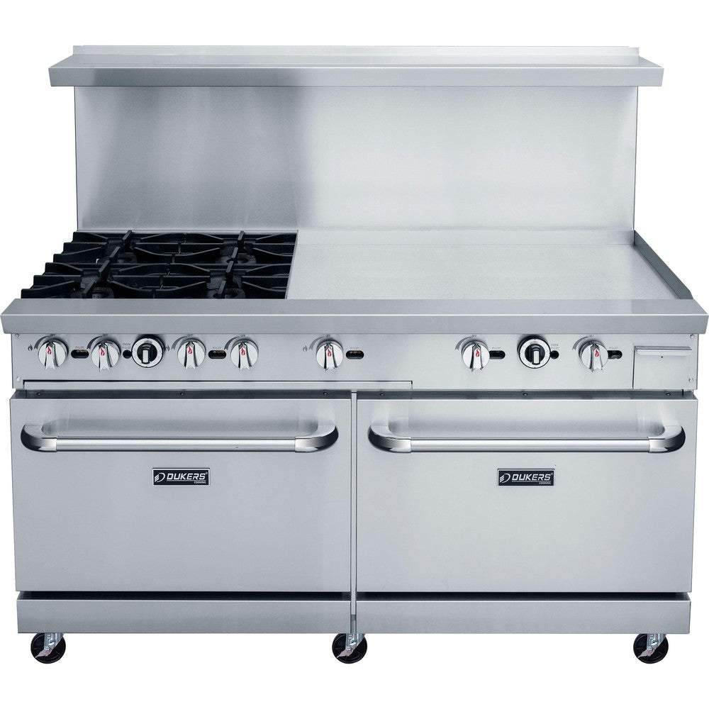 DCR60-4B36GM front view showing four cast iron grates beside the 36 inch griddle plate and two oven doors