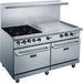Dukers DCR60-4B36GM 60 inch stainless steel gas range with four open burners, a 36 inch griddle and two ovens