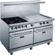 Dukers DCR60-4B36GM 60 inch stainless steel gas range with four open burners, a 36 inch griddle and two ovens