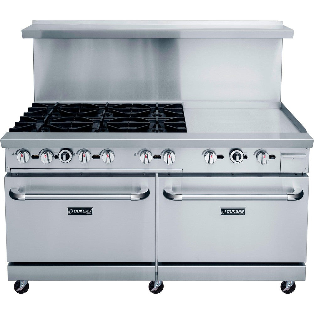 DCR60-6B24GM front view showing six cast iron grates beside the 24 inch griddle plate and two oven doors