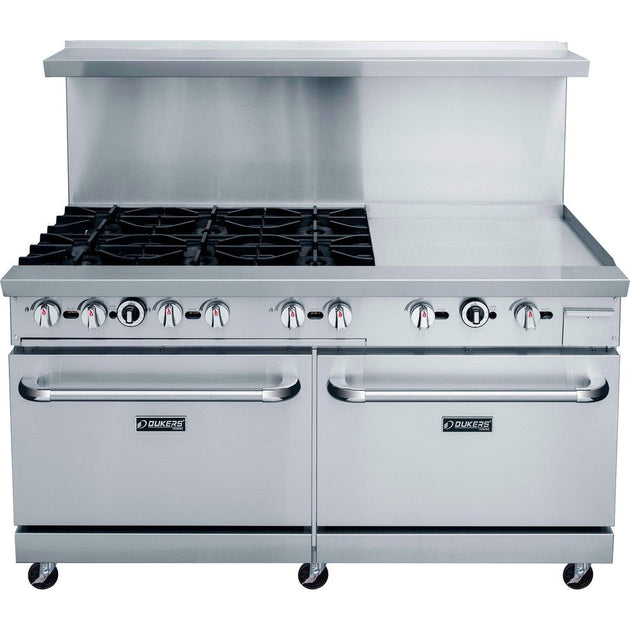 DCR60-6B24GM front view showing six cast iron grates beside the 24 inch griddle plate and two oven doors