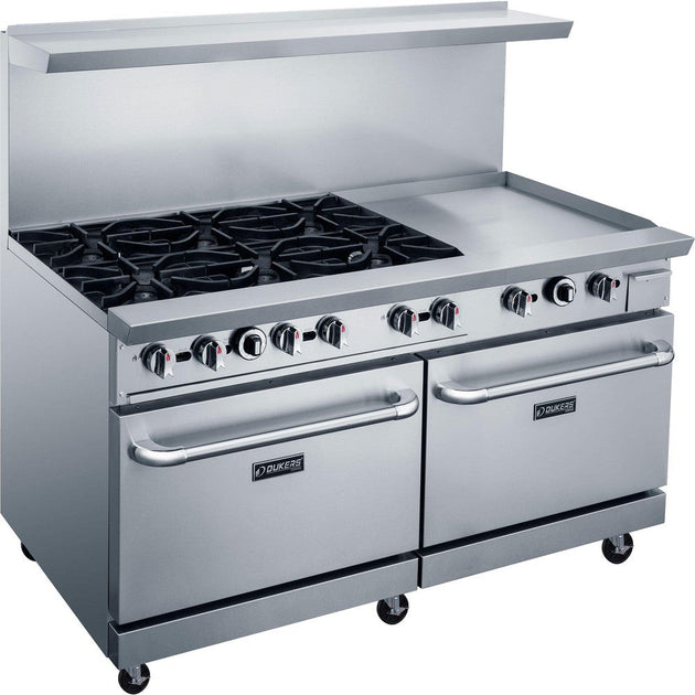 Dukers DCR60-6B24GM 60 inch stainless steel gas range with six open burners, a 24 inch griddle and two ovens