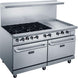 Dukers DCR60-6B24GM 60 inch stainless steel gas range with six open burners, a 24 inch griddle and two ovens