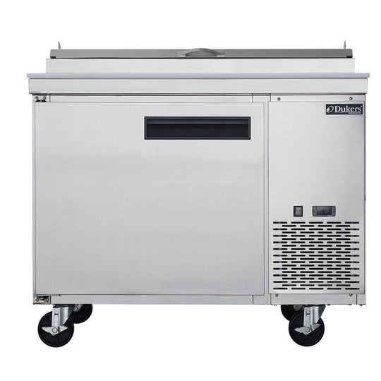 Dukers DPP44 pizza prep table with the topping rail cover raised showing six one-third size pans