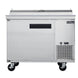 Dukers DPP44 pizza prep table with the topping rail cover raised showing six one-third size pans