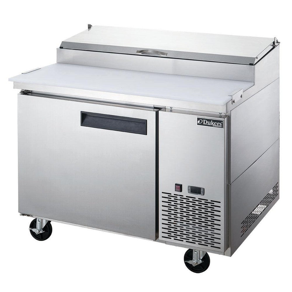 Side view of the Dukers DPP44 pizza prep table showing the cutting board depth and caster mounting