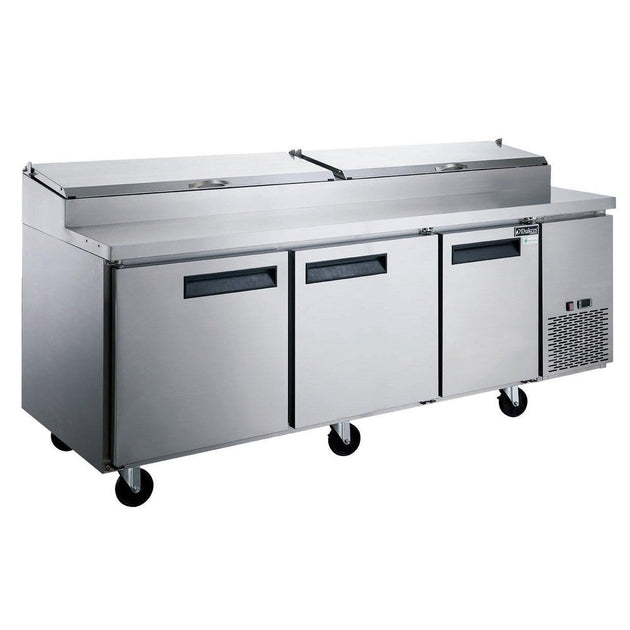 Dukers DPP90 90 inch stainless steel three door pizza prep table with hinged topping rail cover