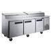 Dukers DPP90 90 inch stainless steel three door pizza prep table with hinged topping rail cover