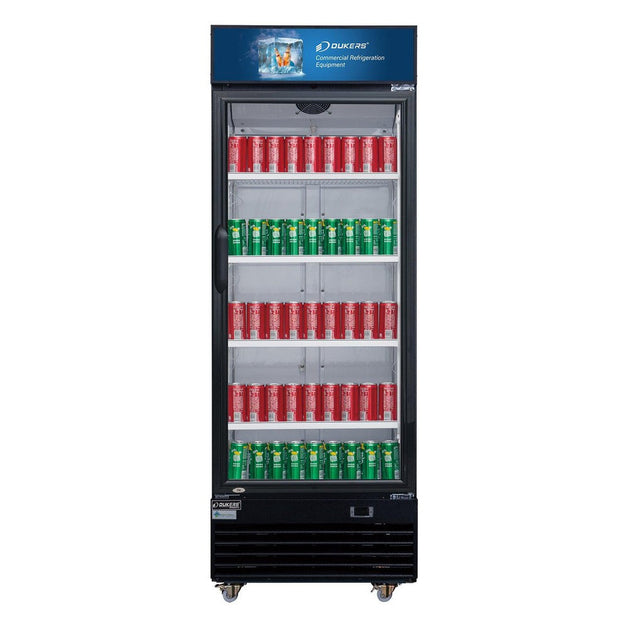 Dukers DSM-12R glass door merchandiser refrigerator front view with wire shelves