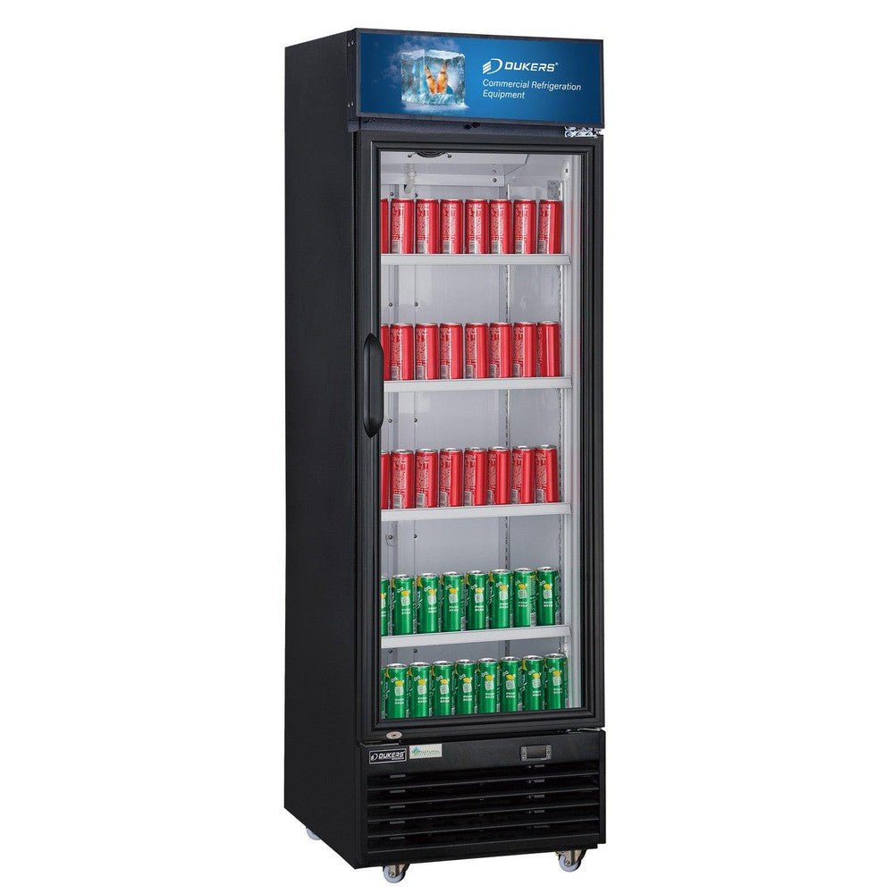 Dukers LG-430 single glass swing door merchandiser refrigerator, left side view