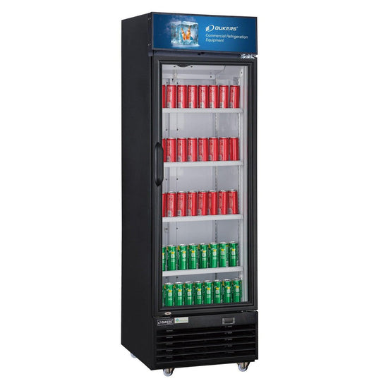 Dukers LG-430 single glass swing door merchandiser refrigerator, left side view