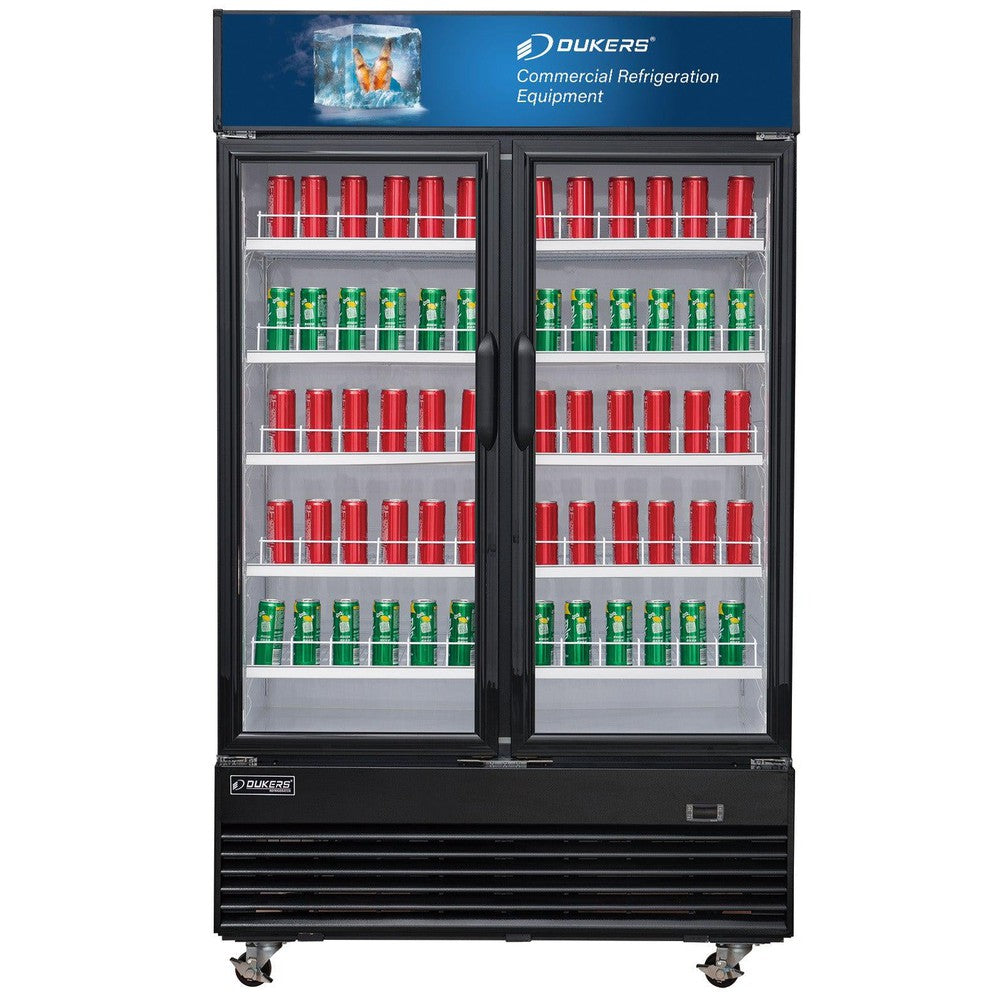 Dukers DSM-41R glass door merchandiser refrigerator front view with two swing doors