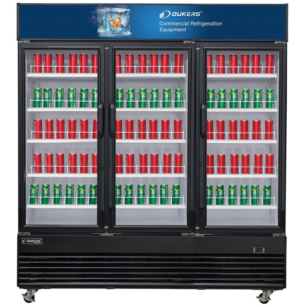Dukers DSM-69R glass door merchandiser refrigerator front view with three swing doors