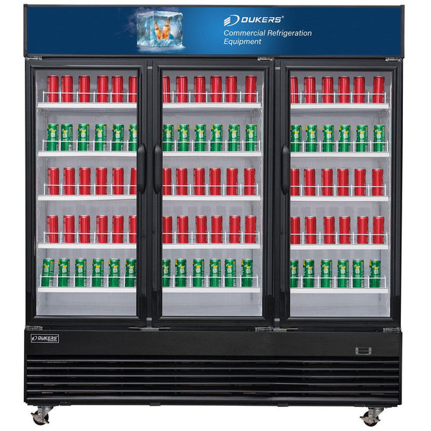 Dukers DSM-69R glass door merchandiser refrigerator front view with three swing doors