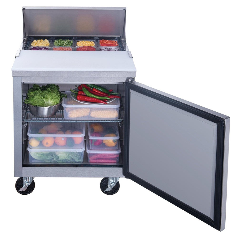 Dukers DSP29-8-S1 prep table with full-depth poly cutting board in use