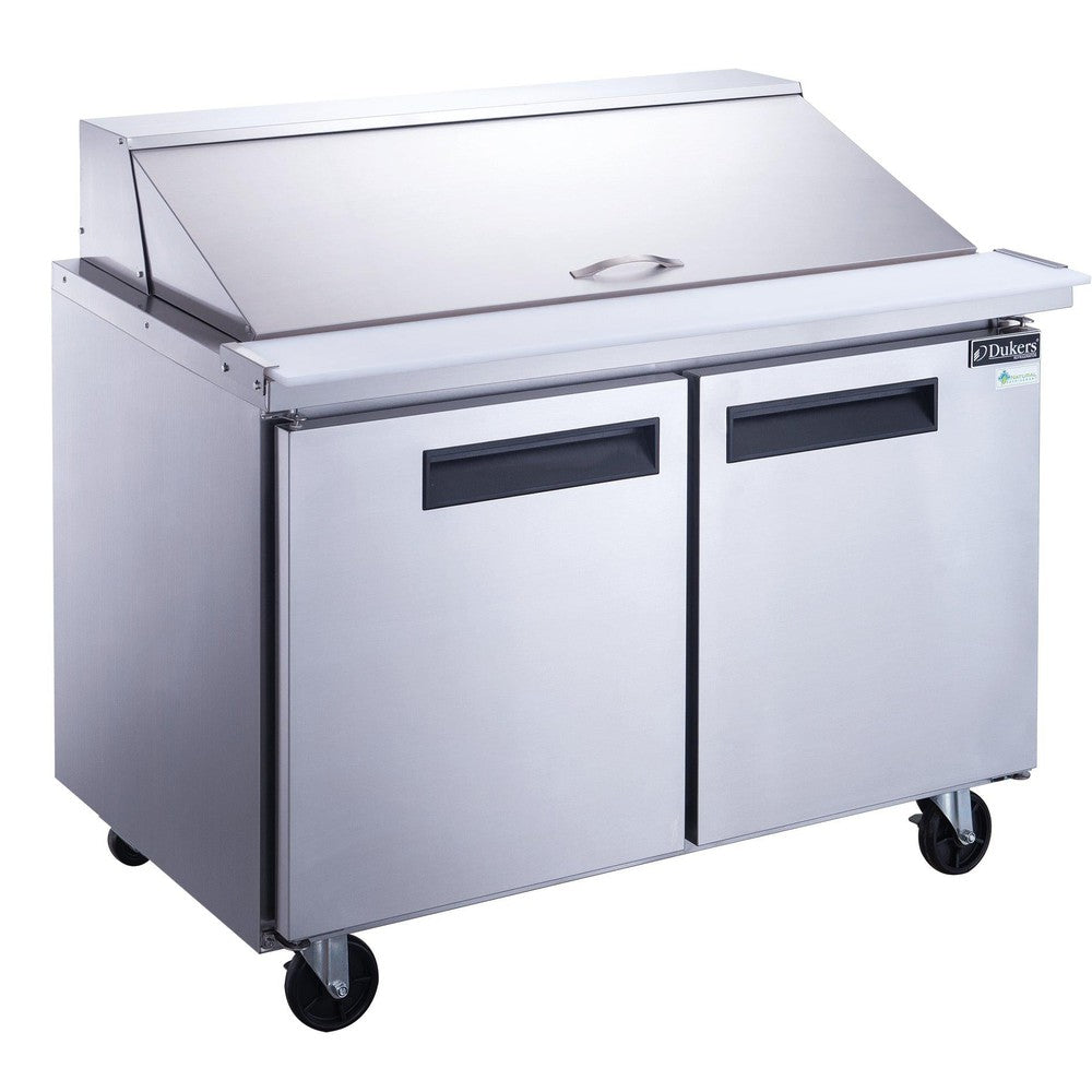 Dukers DSP48-18M-S2 two door mega top salad prep table in stainless steel