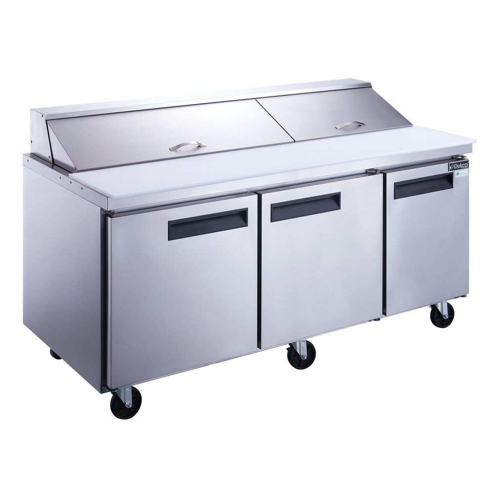 Dukers DSP72-18-S3 three door sandwich prep table refrigerator in stainless steel