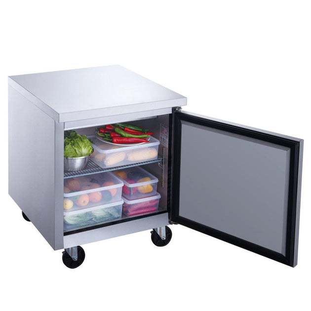 Dukers DUC29R undercounter refrigerator installed under a commercial work surface