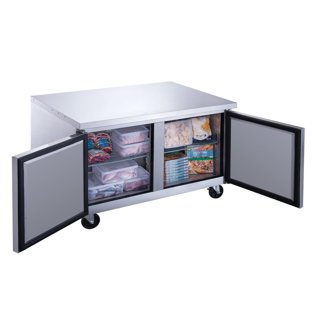 Dukers DUC48F undercounter freezer installed under a commercial work surface