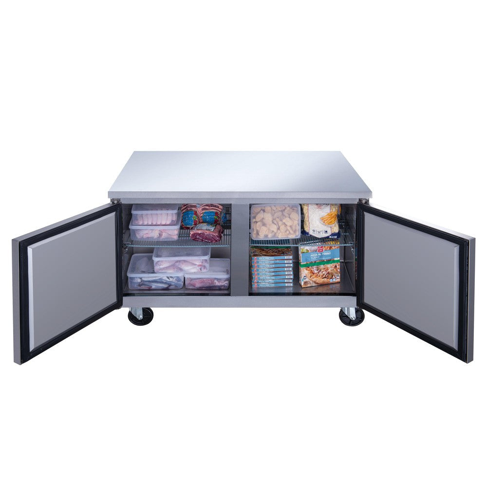 Dukers undercounter freezer interior with removable wire shelves