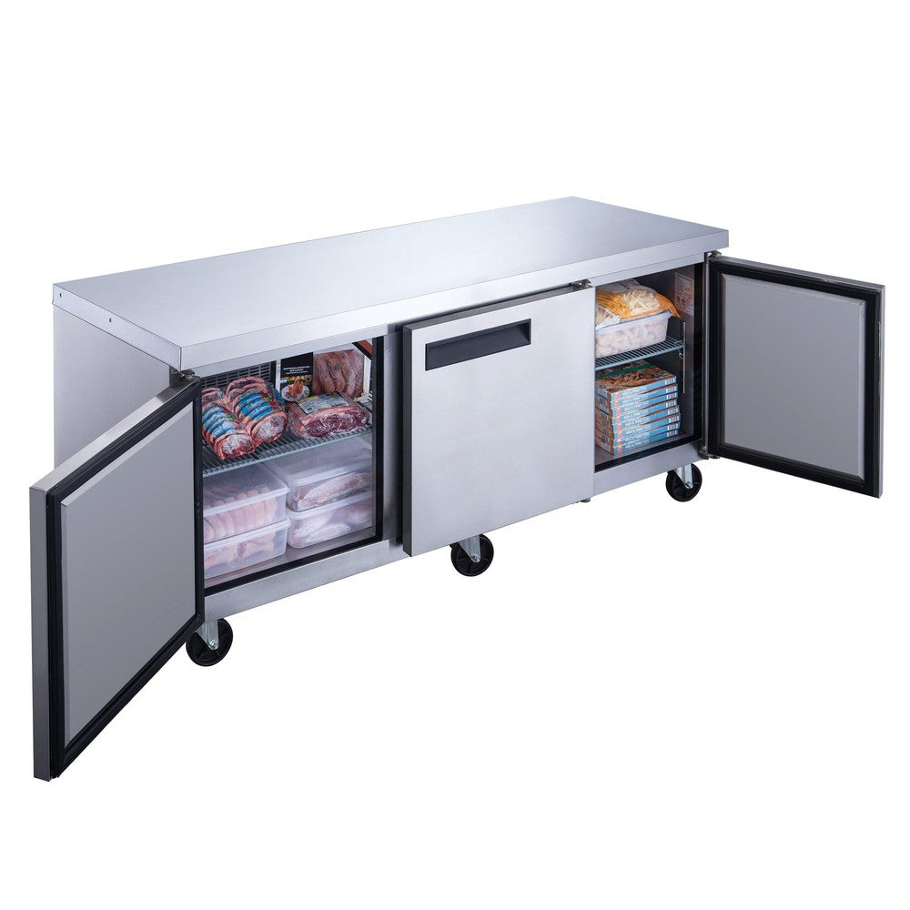 Dukers DUC72F three door undercounter freezer in a commercial kitchen