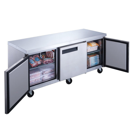 Dukers DUC72F three door undercounter freezer in a commercial kitchen
