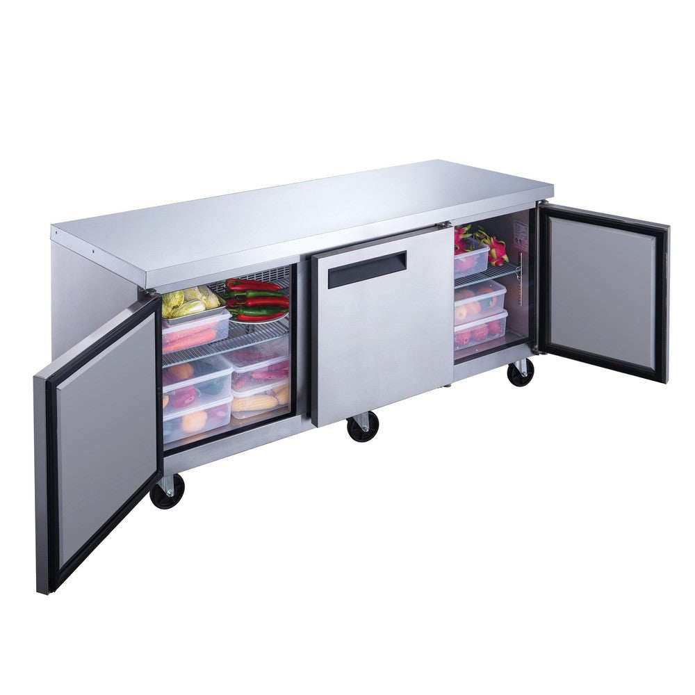 Dukers DUC72R three door undercounter refrigerator in a commercial kitchen