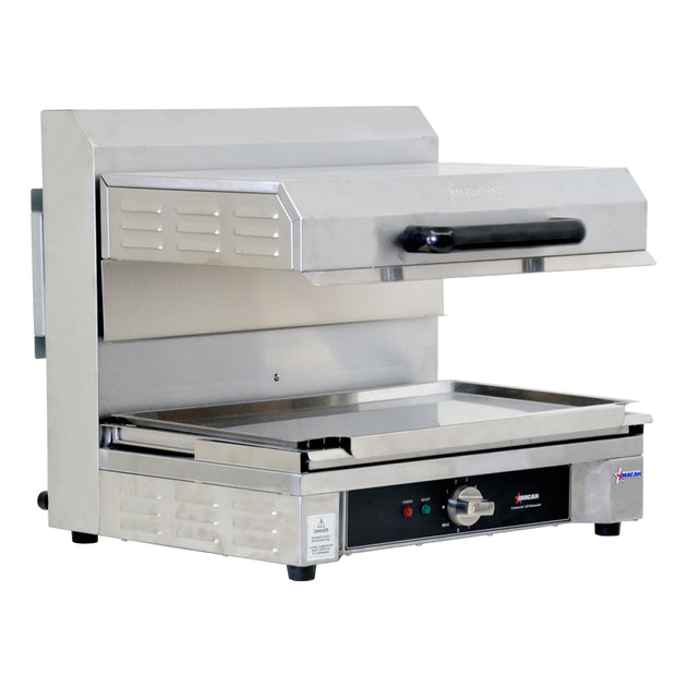 Omcan CE-CN-0580-S stainless steel quartz adjustable salamander with 14 x 21 inch warming base