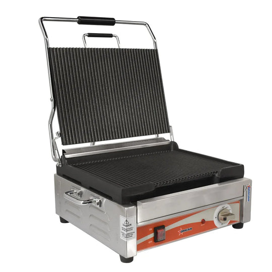 Omcan PG-CN-0679-R single panini grill with grooved cast iron plates